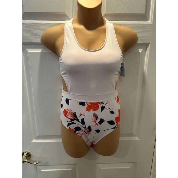 CUPSHE Women's White/Floral Pattern Open Back Swimsuit Small - Picture 1 of 5